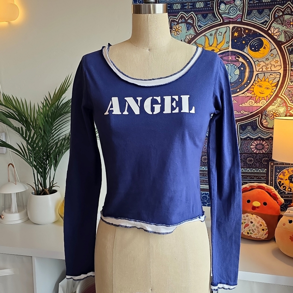 dELiA*s Navy Blue Angel Glitter Printed Long Sleeve Cropped Tee Dolls Kill